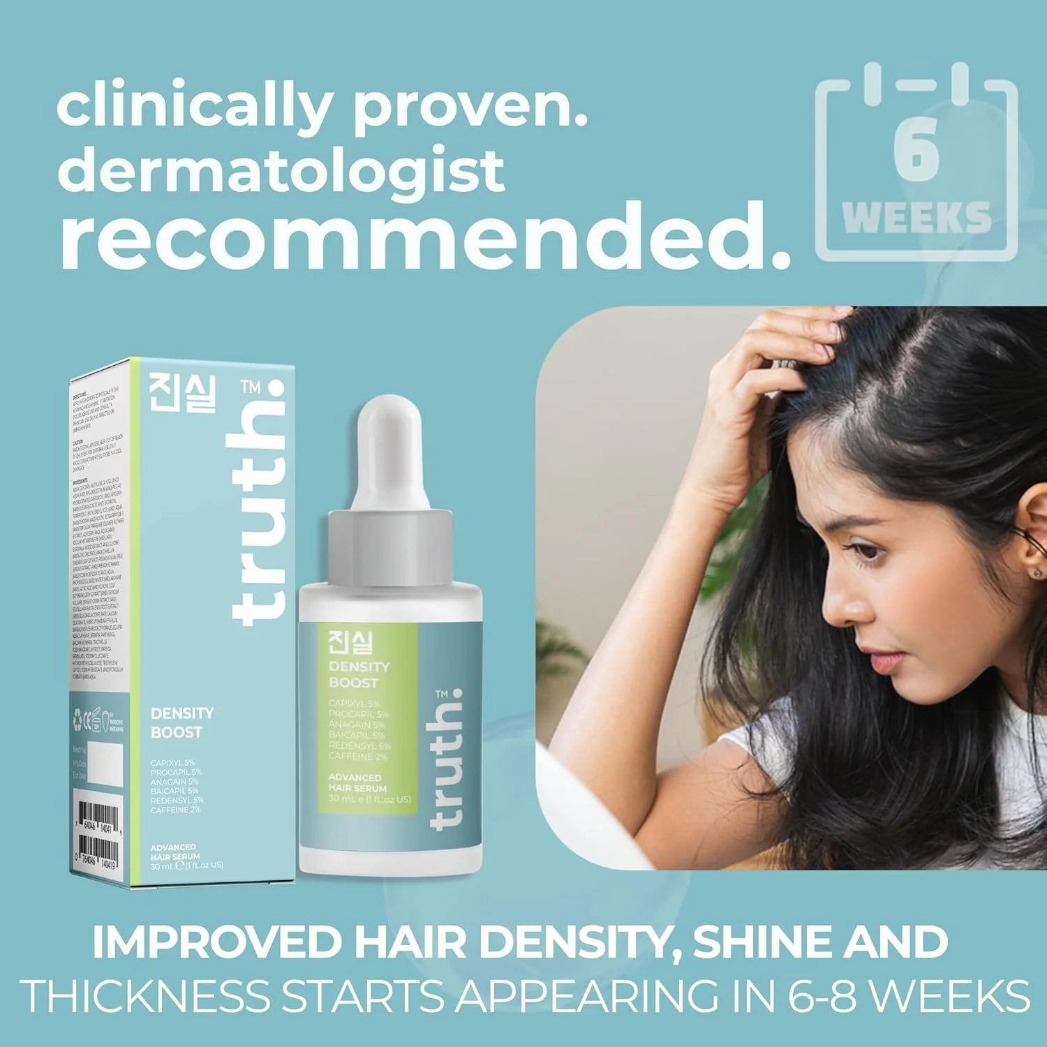 سرم تقویت کننده مو truth 진실 Density Boost حجم 30 میلی لیتر - فرمول حاوی 40% مواد فعال 5% REDENSYL + 5% BAICAPIL + 5% ANAGAIN + 5% PROCAPIL + 5% CAPIXYL + 2% PRO VITAMIN B5 + 5% COLLAGEN + 5% KERATIN + 3% BIOTIN