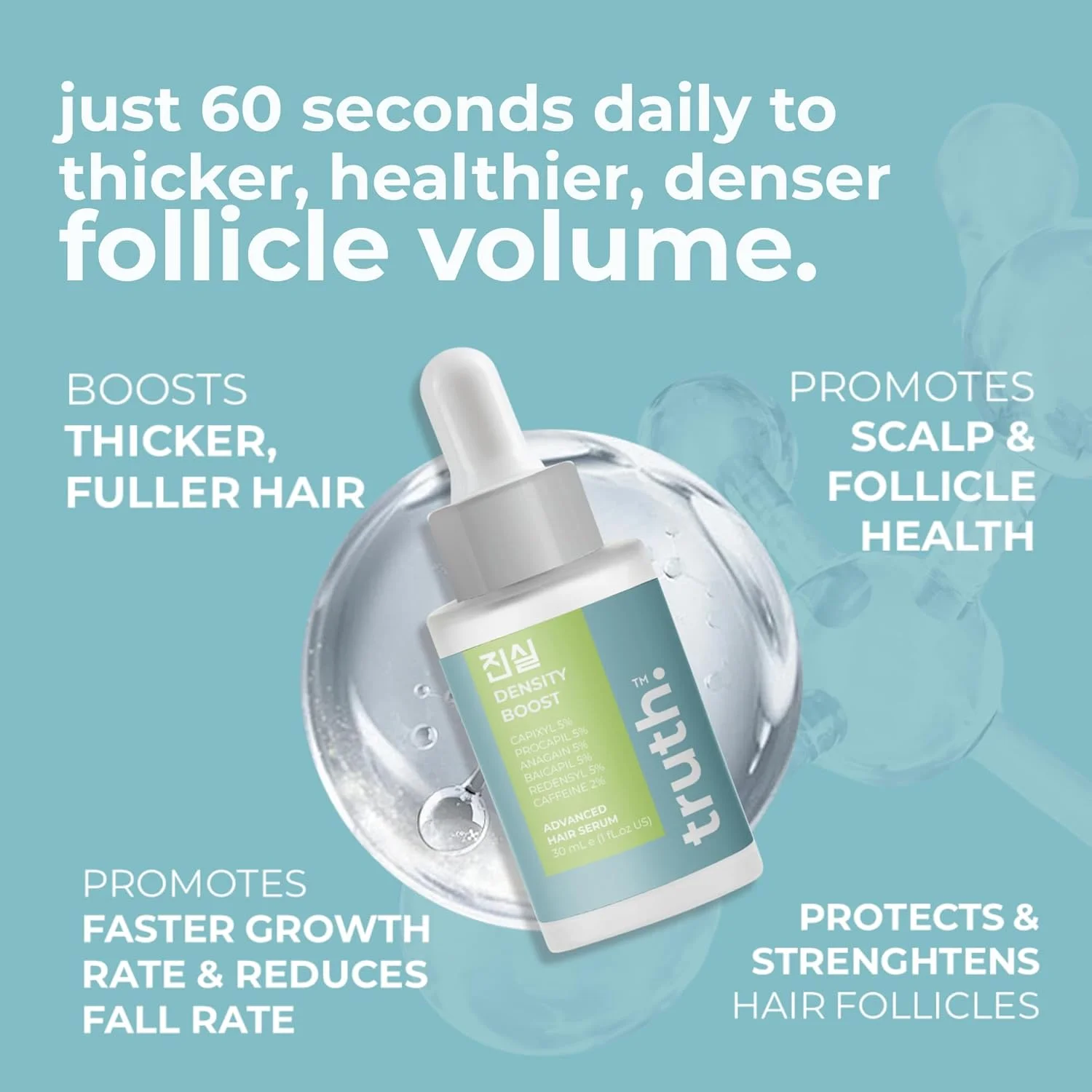 سرم تقویت کننده مو truth 진실 Density Boost حجم 30 میلی لیتر - فرمول حاوی 40% مواد فعال 5% REDENSYL + 5% BAICAPIL + 5% ANAGAIN + 5% PROCAPIL + 5% CAPIXYL + 2% PRO VITAMIN B5 + 5% COLLAGEN + 5% KERATIN + 3% BIOTIN