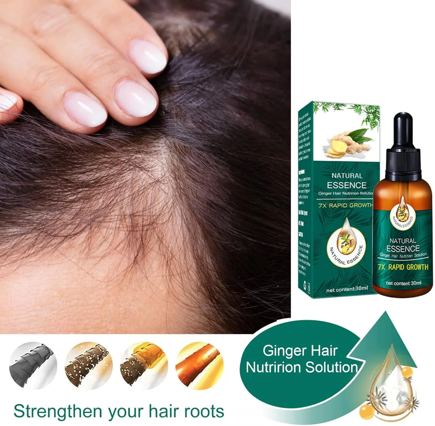 سرم موی سریع 7X، سرم رشد مو زنجبیلی، درمان سریع رشد مو، روغن اسانس رشد مو 7 روزه، برای موهای پرپشت تر و سالم تر، جلوگیری از ریزش و نازک شدن مو - 30 میلی لیتر
