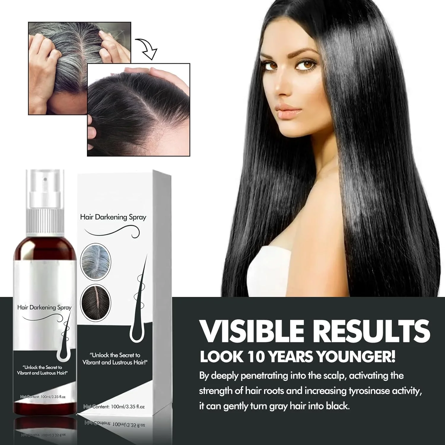اسپری رنگ مو مشکی تکروح 100 میلی لیتر، اسپری رنگ مو مشکی، اسپری رشد مو، اسپری رنگ مو موقت برای زنان و مردان، پوشش موهای سفید، تغذیه و تقویت ریشه مو، سرم مو