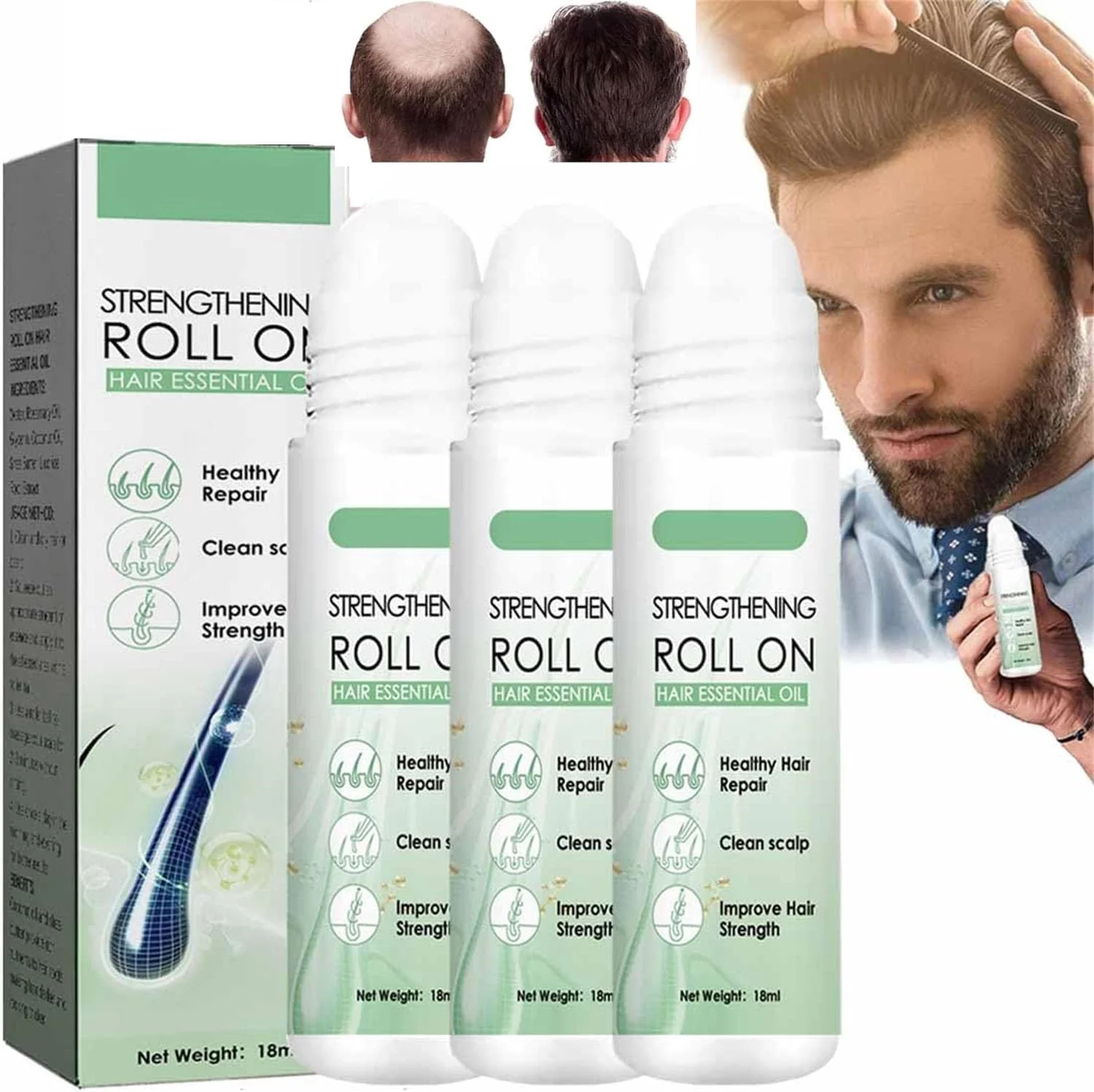 درمان مو با رول-آن Renew Hair X، روغن ضروری موی ضخیم کننده Renewhair X Roller، سرم رشد مو Hairgrowth-X با غلتک، مراقبت مغذی و پاک کننده پوست سر (3 عدد)
