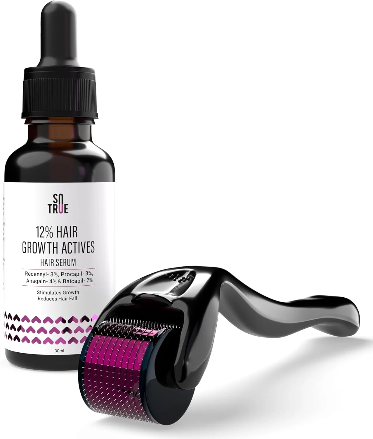 سرم رشد مو Sotrue همراه با درمارولر، 0.5 میلی‌متر با 540 سوزن استیل ضد زنگ، Redensyl 3%، Procapil 3%، Anagain 4% و Baicapil 2%، سرم کنترل ریزش مو برای زنان و مردان، مناسب برای انواع مو