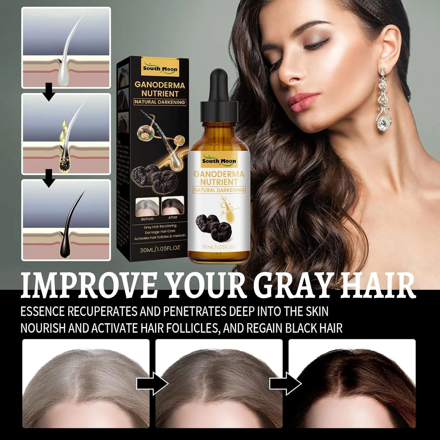 سرم بازگرداننده موهای سفید HFAOHO SilverVanish، سرم ضد سفیدی مو DARKA Pro، سرم تیره کننده طبیعی مغذی گانودرما، روغن رشد مو ضد سفیدی مو برای زنان و مردان (3 عدد)