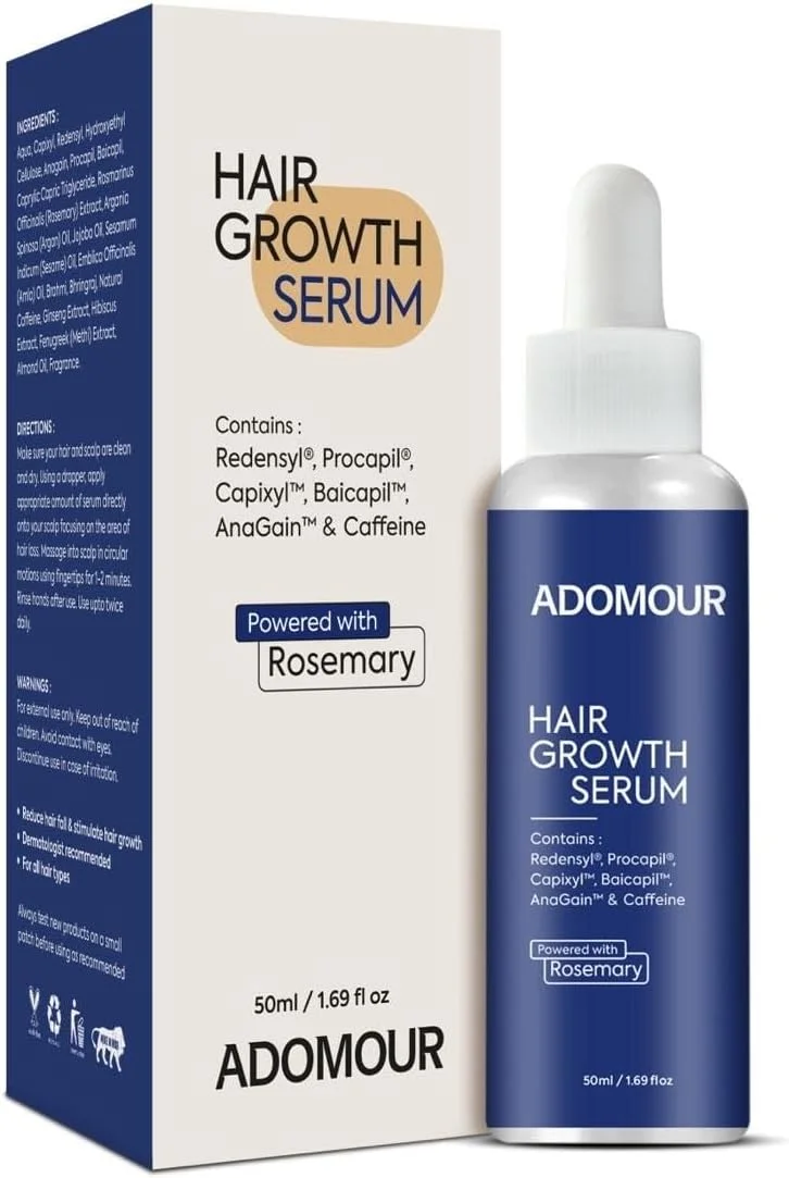 سرم رشد مو Adomour حاوی رزماری، ردنسيل، پروکاپیل، کاپیکسیل، بایکاپیل، آناگین و کافئین برای آقایان و بانوان 50 میلی لیتر