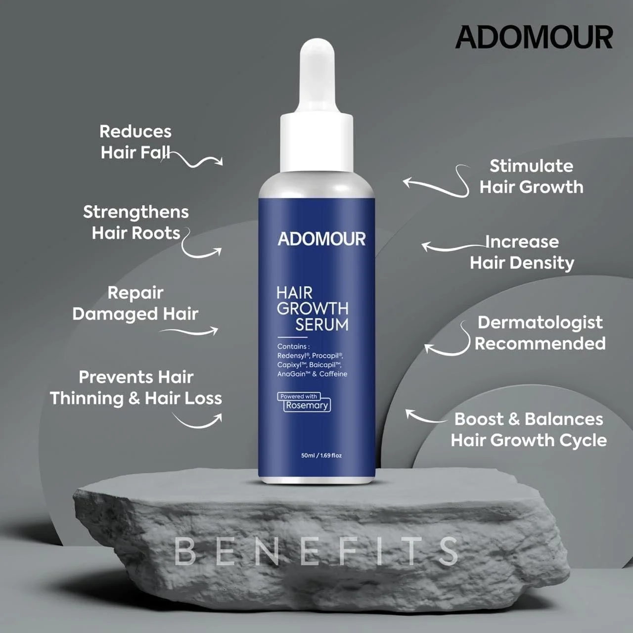 سرم رشد مو Adomour حاوی رزماری، ردنسيل، پروکاپیل، کاپیکسیل، بایکاپیل، آناگین و کافئین برای آقایان و بانوان 50 میلی لیتر