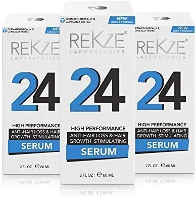سرم رشد مو و درمان ضد ریزش مو REKZE 24 با فرمولاسیون بالینی برای مردان و زنان، برای موهای نازک، ضخیم کننده و رشد مجدد، مسدود کننده قوی DHT، تامین 3 ماهه