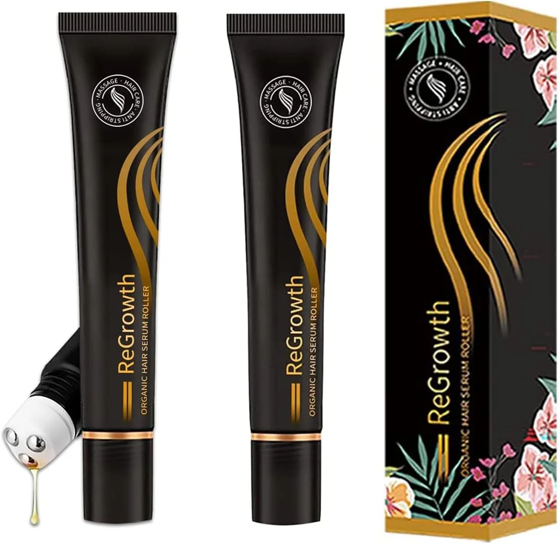 مجموعه سرم غلتکی رویش مجدد موی ارگانیک 2 عددی، مایع ضد ریزش مراقبت از مو، اسانس رشد مو با ماساژور سه غلتکی، برای آقایان و خانم ها با انواع مو