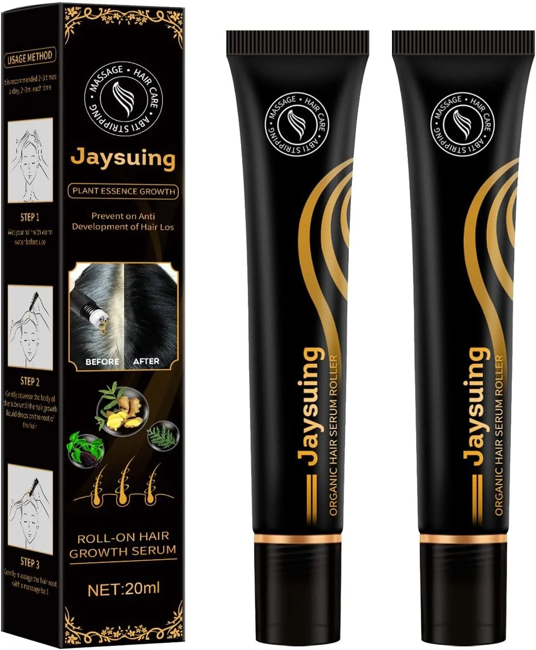 مجموعه سرم غلتکی ارگانیک رشد مجدد مو | اسانس رشد مو با ماساژور سه غلتکی | درمان رشد مجدد مو | مایع ضد ریزش مو برای انواع مو (2 عدد)