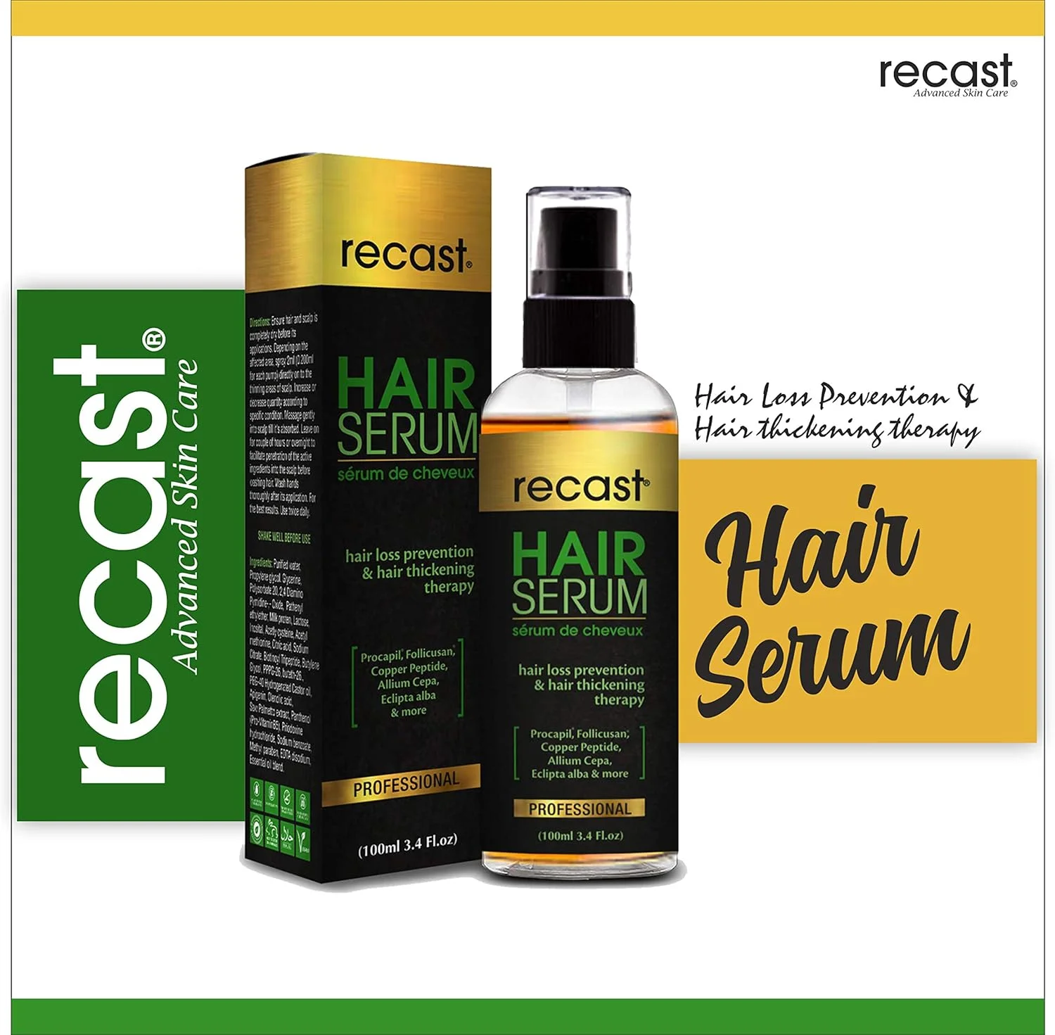 سرم مو Recast - جلوگیری از ریزش مو و درمان ضخیم شدن مو، غنی شده با Procapil ثبت شده، Follicusan، پپتیدهای مس و عصاره های گیاهی اثبات شده - 100 میلی لیتر