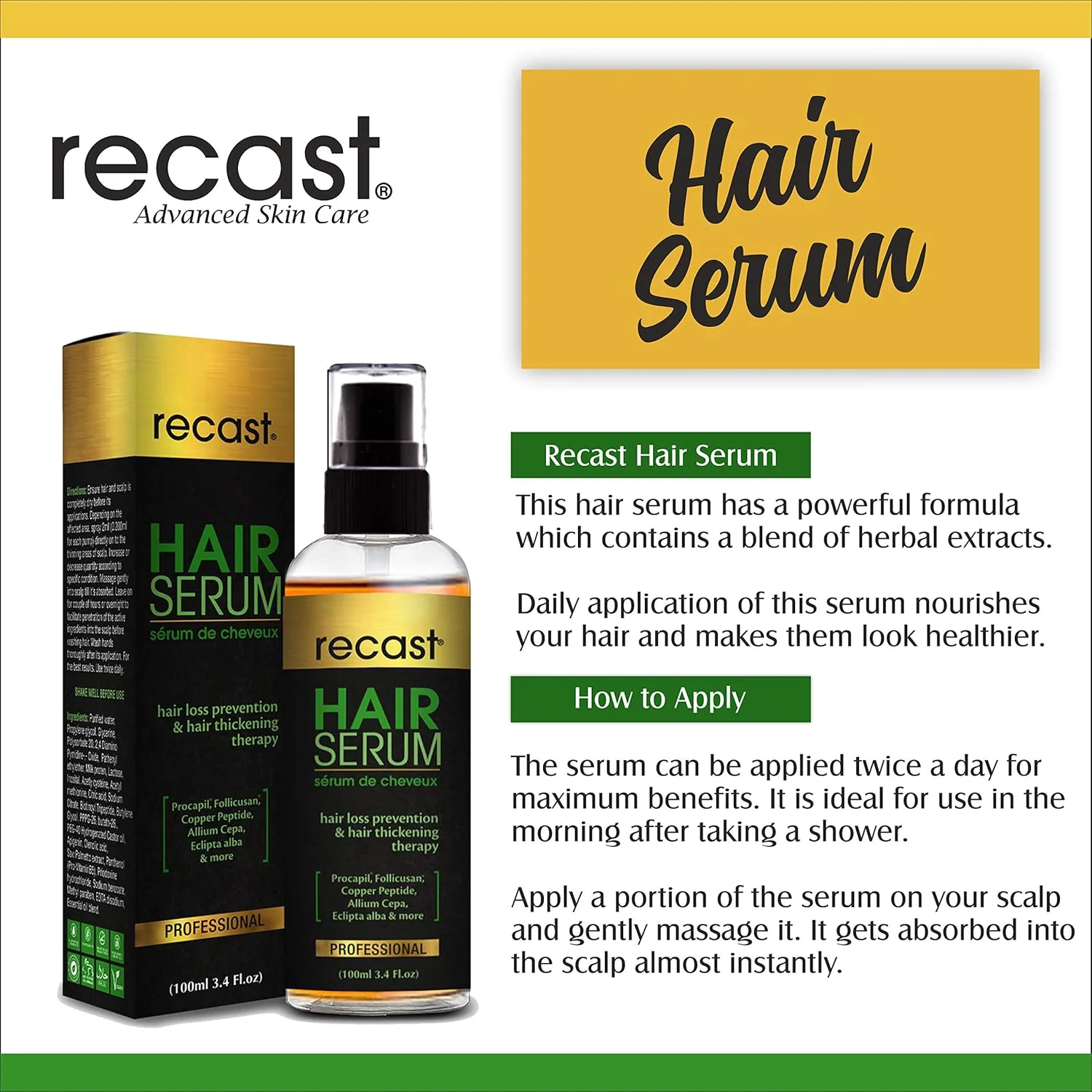 سرم مو Recast - جلوگیری از ریزش مو و درمان ضخیم شدن مو، غنی شده با Procapil ثبت شده، Follicusan، پپتیدهای مس و عصاره های گیاهی اثبات شده - 100 میلی لیتر