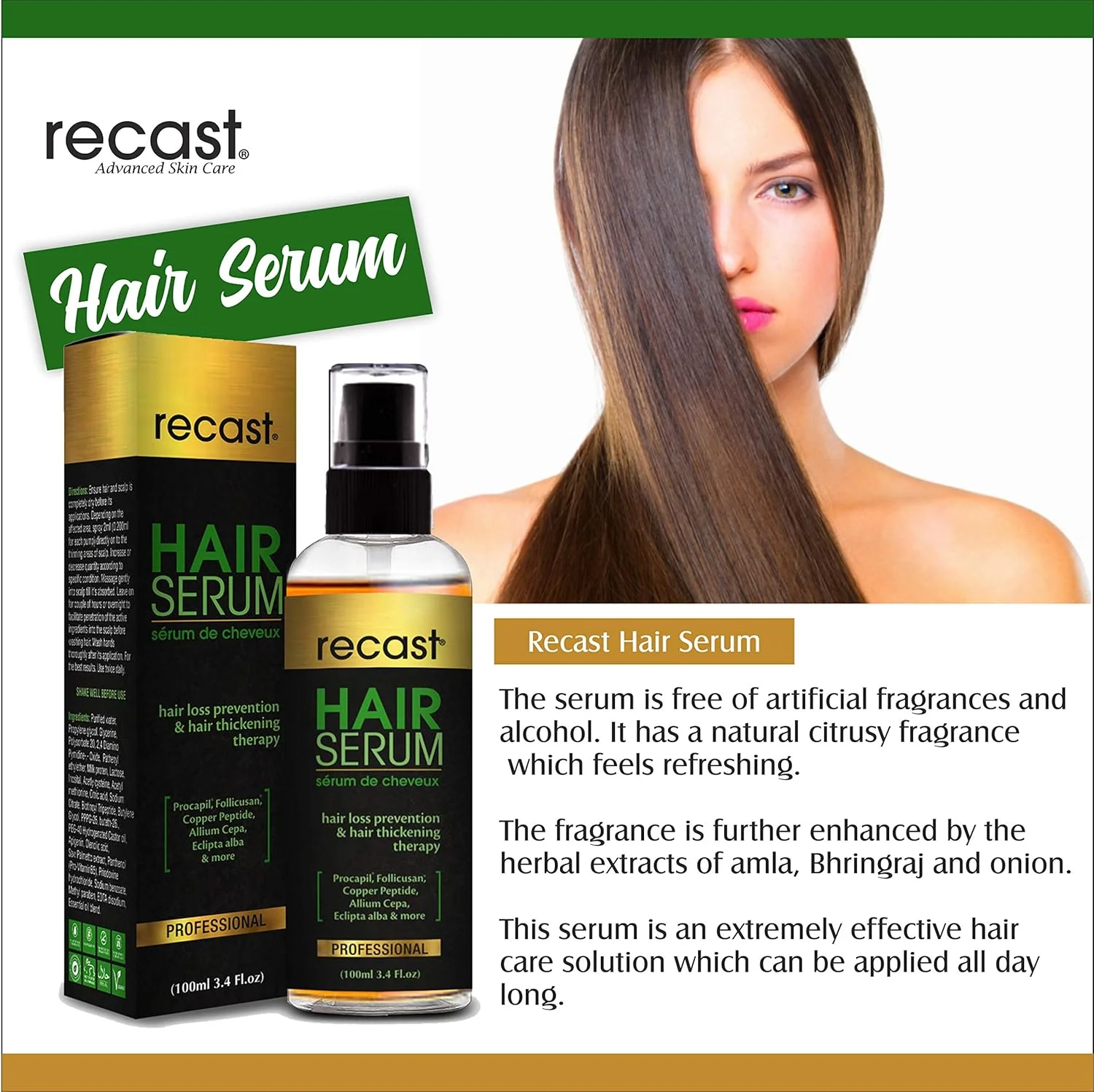سرم مو Recast - جلوگیری از ریزش مو و درمان ضخیم شدن مو، غنی شده با Procapil ثبت شده، Follicusan، پپتیدهای مس و عصاره های گیاهی اثبات شده - 100 میلی لیتر