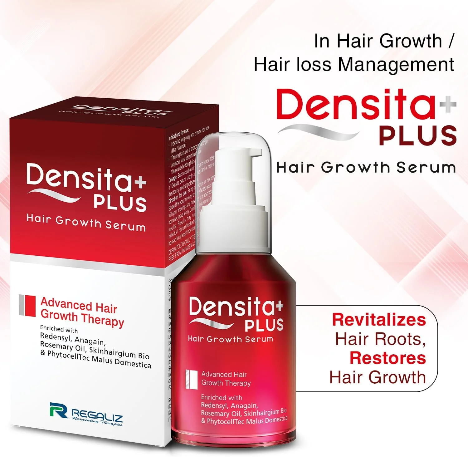 سرم تقویت کننده و رشد مو Regaliz Densita Plus | حاوی Redensyl، Anagain و روغن رزماری | کمک به کاهش ریزش مو، تقویت مو و حمایت از رشد سالم | 60 میلی لیتر