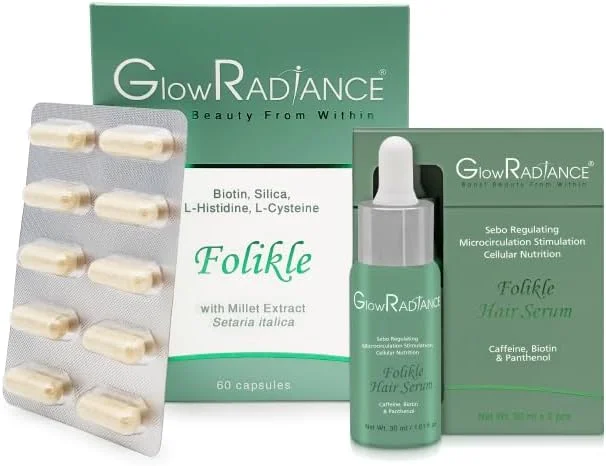 سرم رشد موی پیشرفته Glow Radiance برای پوست سر | کپسول های فولیکل و سرم رشد مو برای رشد مو و کنترل ریزش مو | بسته ترکیبی 30 میلی لیتری