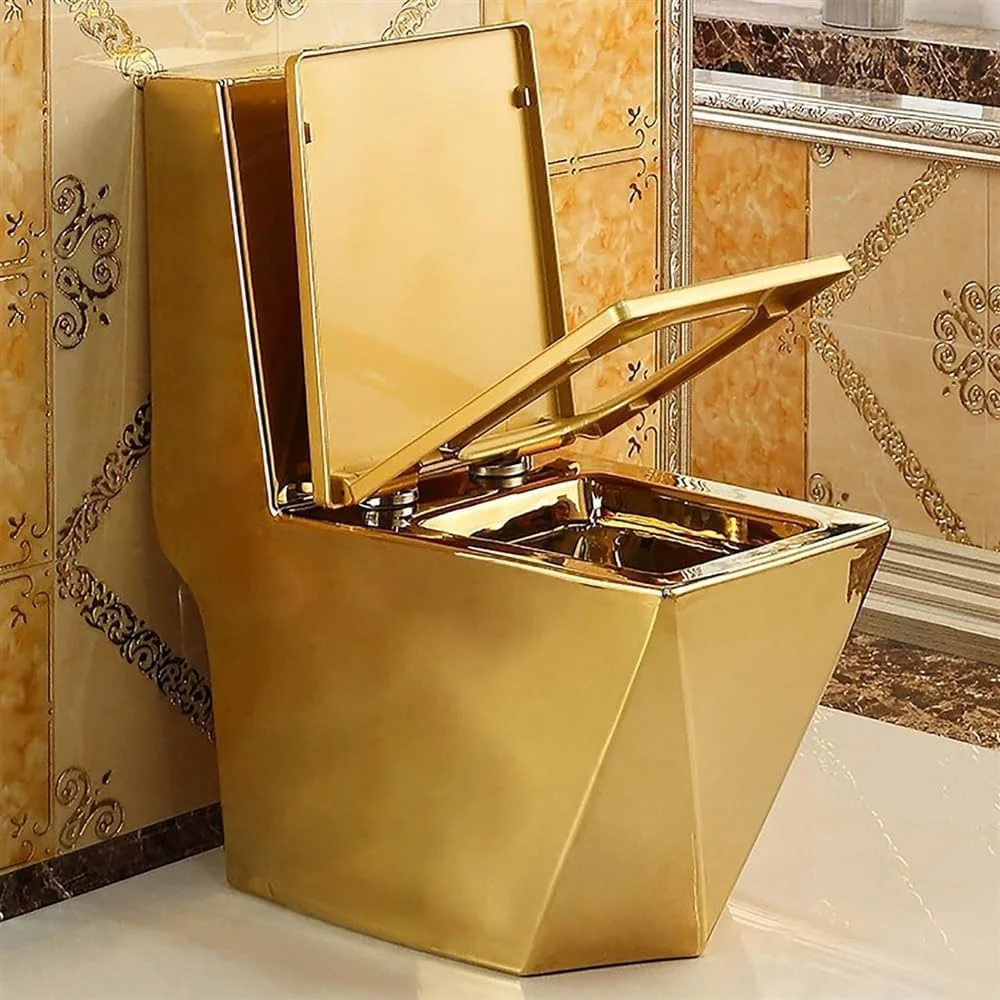 توالت فرنگی هوشمند طلایی، توالت فرنگی یکپارچه سوپر، فلاش دوگانه اتوماتیک، توالت های بی صدا با بسته شدن نرم برای حمام هتل، 400mm-675x820x340mm