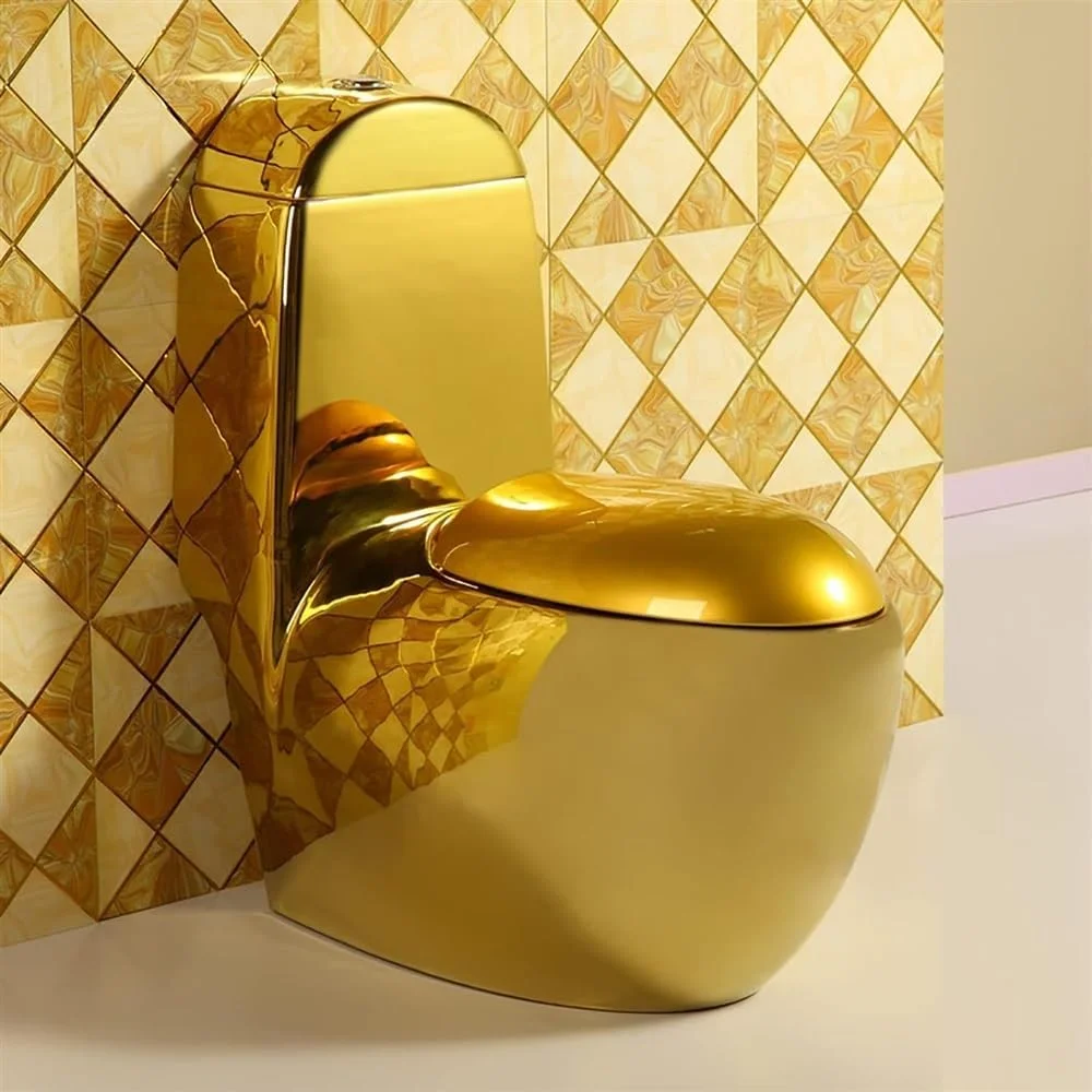 توالت طلایی آبکاری شده سوپر سیفونیک، توالت یک تکه با دو فلاش، توالت سرامیکی بی صدا برای حمام هتل منزل، 305 میلی متر - 765x320x810 میلی متر