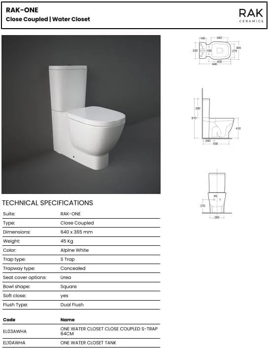 توالت فرنگی یک تکه RAK Ceramics مدل RAK-ONE | توالت مربع، خروجی S، 64 سانتی متر | توالت فرنگی مدرن با درب نشیمن و مخزن توکار | سفید آلپاین