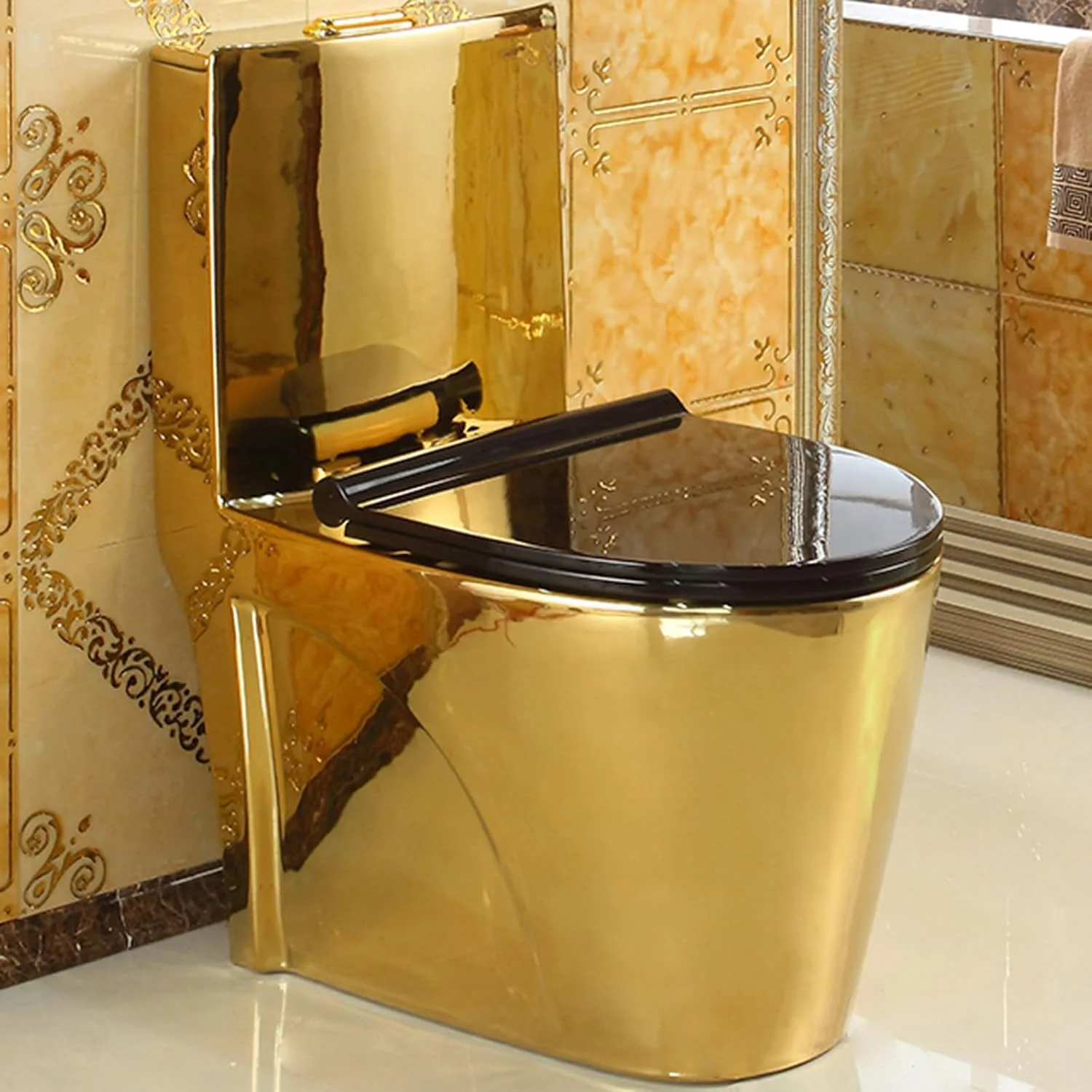 توالت یک تکه مشکی طلایی با ارتفاع استاندارد، توالت هوشمند دو زمانه با طراحی سوپر هتل، توالت سرامیکی پمپاژ، 305 میلی متر