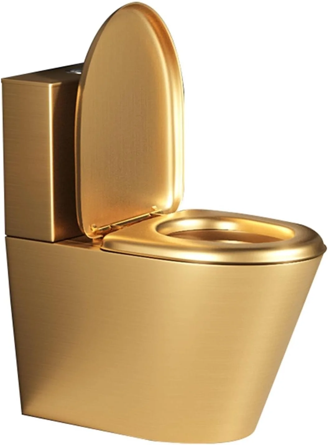 توالت یک تکه با راندمان بالا و صرفه جویی در آب، توالت تجاری حمام از جنس استنلس استیل 304 با فلاش دوگانه، کاسه توالت با درب آرام بند، طلایی - تخلیه از کف