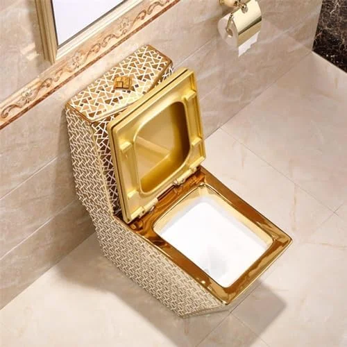 توالت طلایی، توالت فرنگی برای حمام، توالت یک تکه سوپر، توالت با فلاش دوگانه، توالت جمع و جور با صندلی راحت، مدرن و کشیده، 300 میلی متر - 27.2x30.7x15.3 اینچ