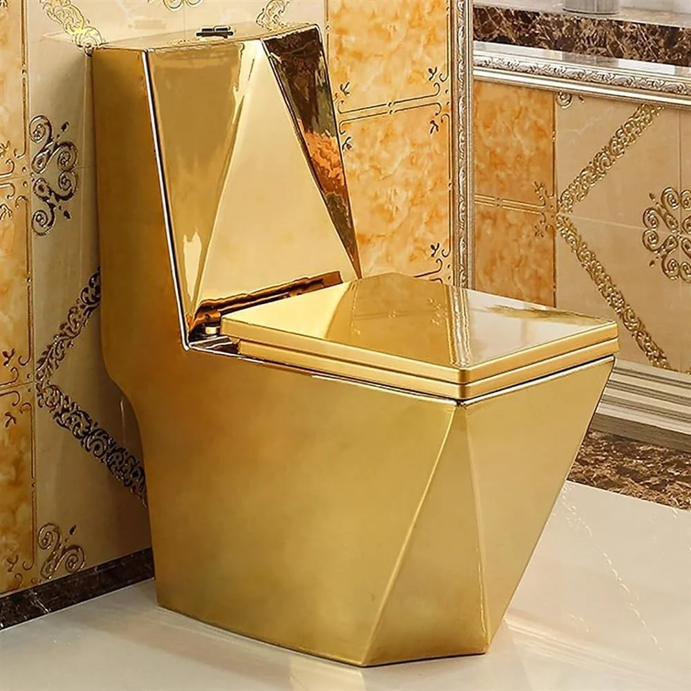 توالت فرنگی هوشمند طلایی، توالت فرنگی مدرن یک تکه، فلاش دوگانه اتوماتیک، توالت های بی صدا با درب آرام بند اتوماتیک برای حمام هتل ها، 400mm-675x820x340mm