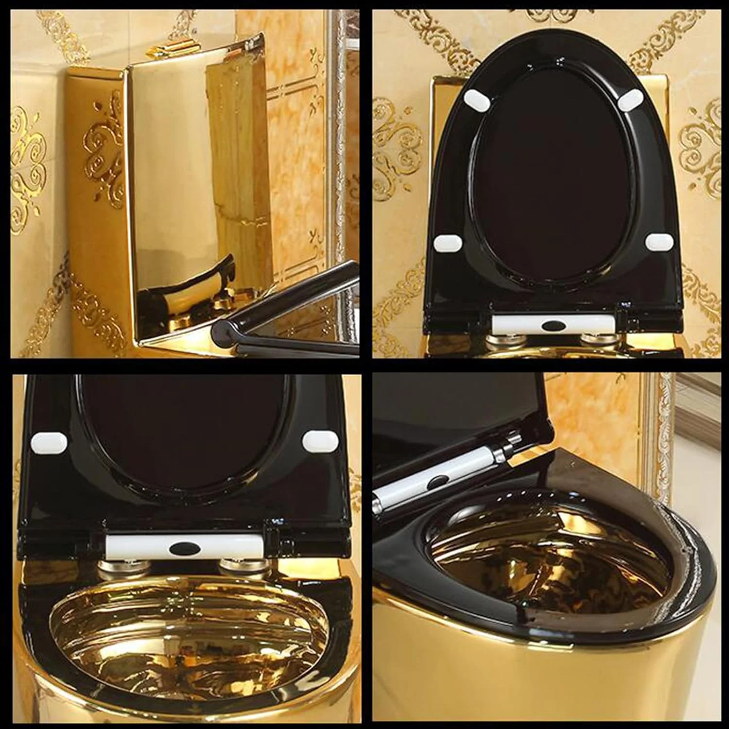 توالت یک تکه مشکی طلایی با ارتفاع استاندارد، توالت هوشمند دو زمانه با طراحی سوپر هتل، توالت سرامیکی پمپاژ، 305 میلی متر