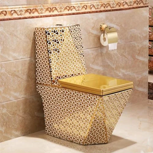 توالت طلایی، توالت فرنگی برای حمام، توالت یک تکه سوپر، توالت با فلاش دوگانه، توالت جمع و جور با صندلی راحت، مدرن و کشیده، 300 میلی متر - 27.2x30.7x15.3 اینچ