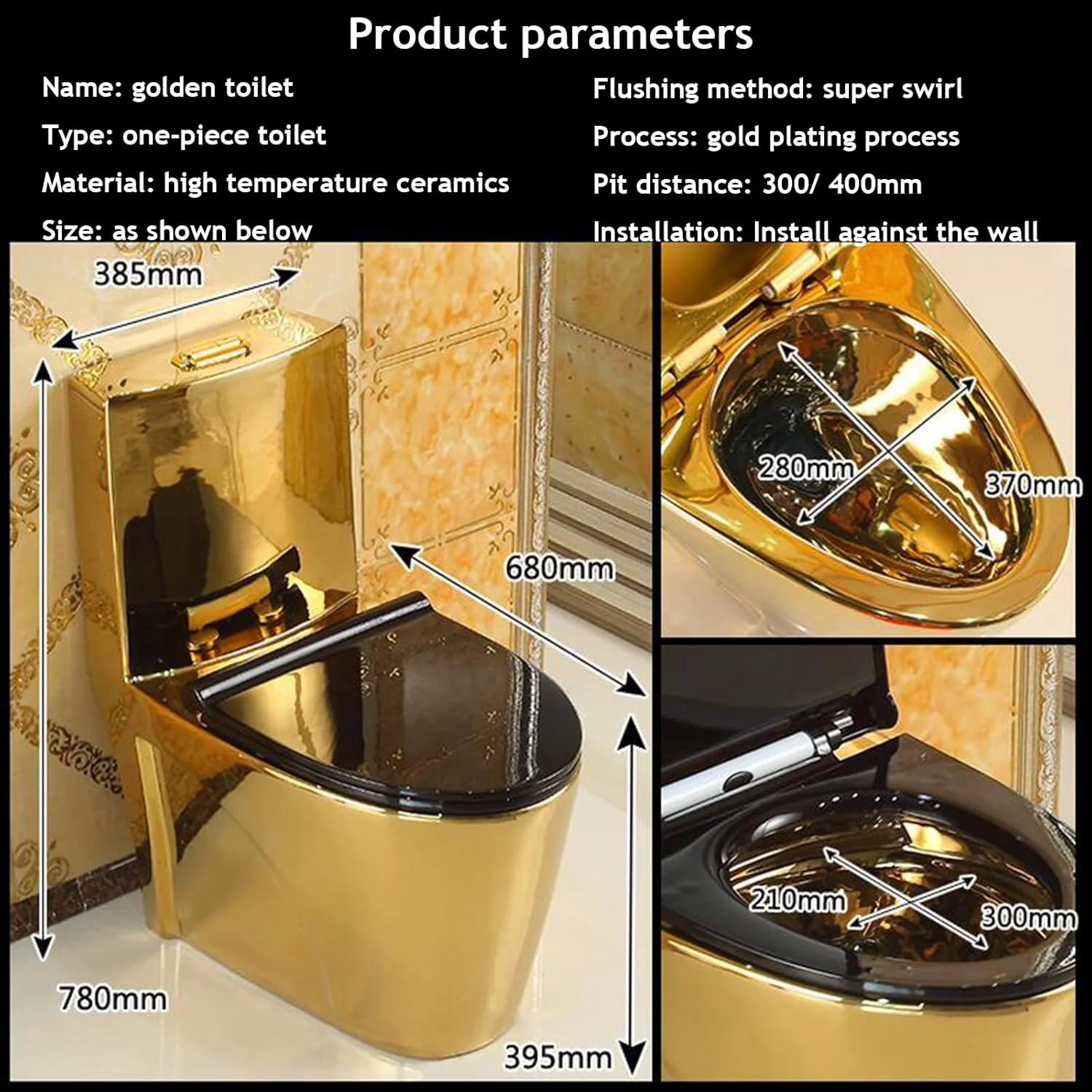 توالت یک تکه مشکی طلایی با ارتفاع استاندارد، توالت هوشمند دو زمانه با طراحی سوپر هتل، توالت سرامیکی پمپاژ، 305 میلی متر