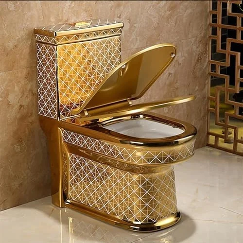 توالت فرنگی یک تکه مدرن، توالت دوسیفونه با ارتفاع استاندارد، توالت سرامیکی طلایی بی صدا مناسب خانه، هتل و حمام