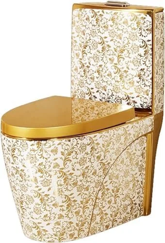 توالت سیفونیک مدرن طلایی، توالت سرامیکی یک تکه با تخلیه دوگانه بی صدا، ارتفاع استاندارد برای حمام منزل و هتل، A-400mm