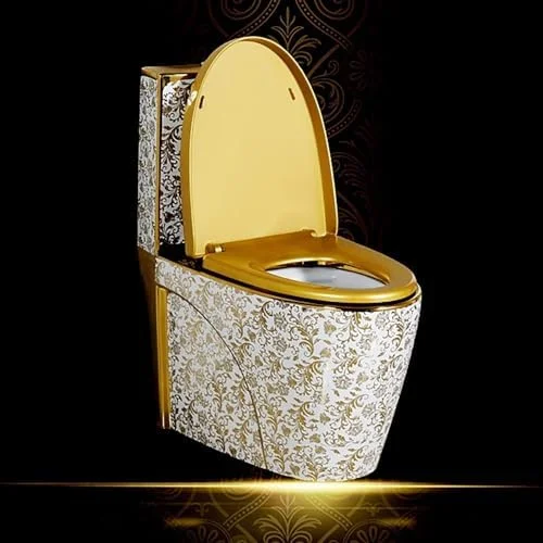 توالت سیفونیک مدرن طلایی، توالت سرامیکی یک تکه با تخلیه دوگانه بی صدا، ارتفاع استاندارد برای حمام منزل و هتل، A-400mm