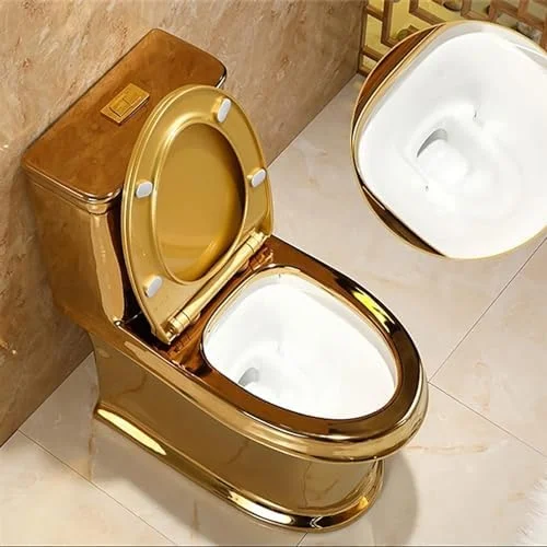 توالت فرنگی یک تکه طلایی برای منزل، توالت با طراحی مدرن و ارتفاع یونیورسال با روکش طلایی، توالت با سیفون دوگانه برای حمام هتل