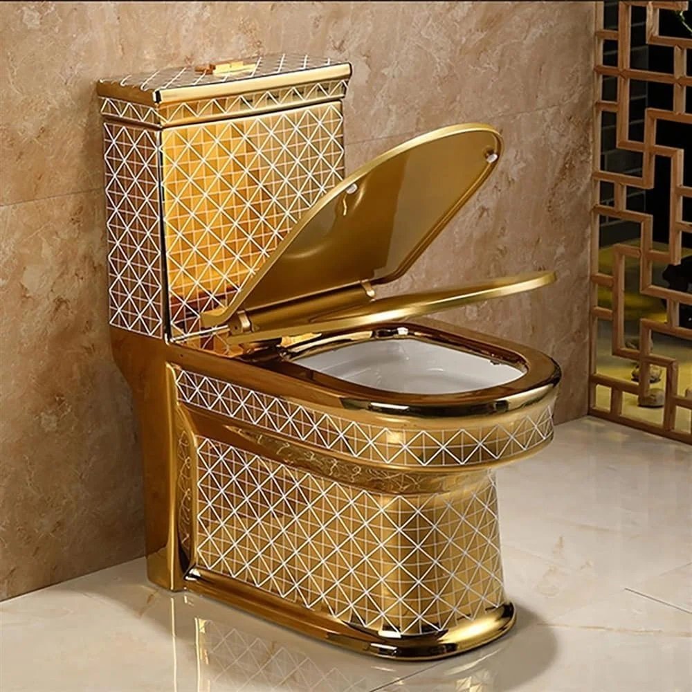 توالت فرنگی یک تکه مدرن، توالت سیفون دار با ارتفاع استاندارد، توالت سرامیکی طلایی بی صدا مناسب خانه، هتل و حمام، 400 میلی متر - 675x340x820 میلی متر