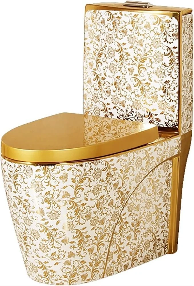 توالت سیفونیک مدرن طلایی، توالت سرامیکی یک تکه با تخلیه دوگانه و بی صدا، ارتفاع استاندارد برای حمام منزل و هتل، A-400mm