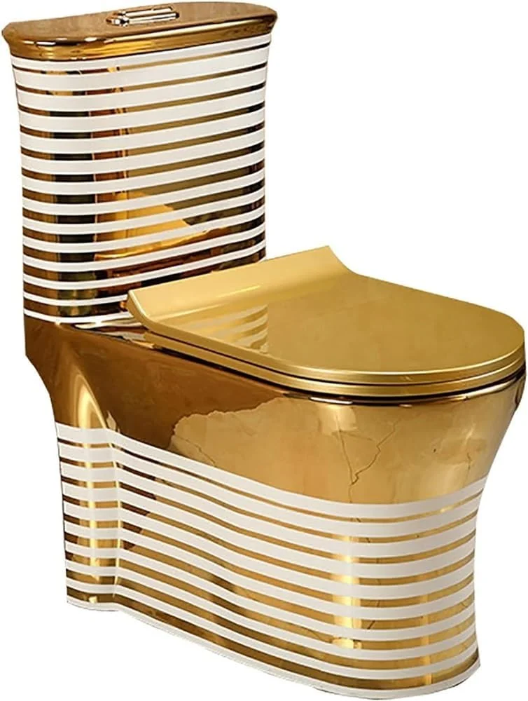 توالت طلایی با نوار، توالت سرامیکی سیفونیک مدرن و بی صدا، یک تکه با دو فلاش، مناسب برای حمام هتل، پمپاژ خانگی، طراحی خلاقانه و خاص، 400 میلی متر - 720x410x780 میلی متر
