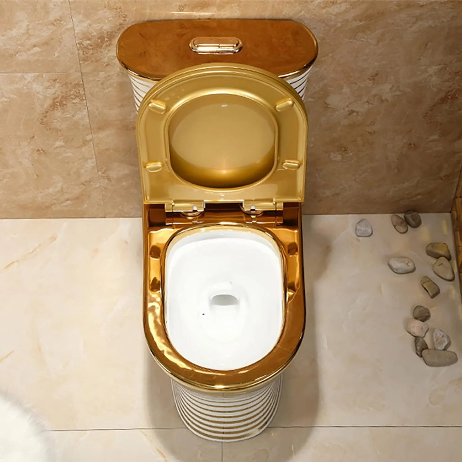 توالت طلایی با نوار، توالت سرامیکی سیفونیک مدرن و بی صدا، یک تکه با دو فلاش، مناسب برای حمام هتل، پمپاژ خانگی، طراحی خلاقانه و خاص، 400 میلی متر - 720x410x780 میلی متر