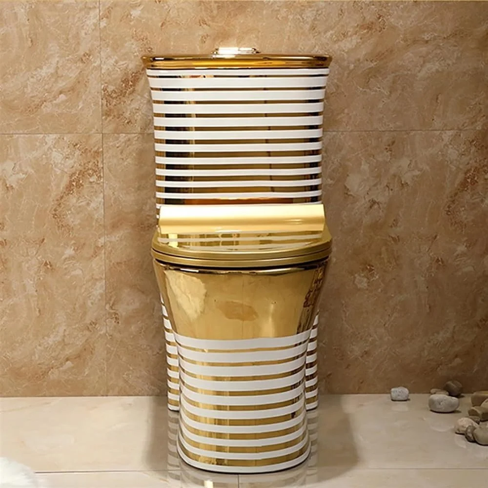 توالت طلایی با نوار، توالت سرامیکی سیفونیک مدرن و بی صدا، یک تکه با دو فلاش، مناسب برای حمام هتل، پمپاژ خانگی، طراحی خلاقانه و خاص، 400 میلی متر - 720x410x780 میلی متر