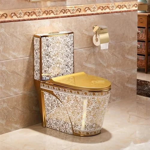 توالت طلایی، توالت فرنگی برای حمام، کاسه توالت با صندلی راحت، توالت یک تکه با ارتفاع راحت و طراحی کشیده، فلاش دوگانه فشرده، طلایی - 68x78x39 سانتی متر (400 میلی متر)
