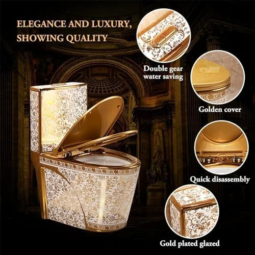 توالت طلایی، توالت فرنگی برای حمام، کاسه توالت با صندلی راحت، توالت یک تکه با ارتفاع راحت و طراحی کشیده، فلاش دوگانه فشرده، طلایی - 68x78x39 سانتی متر (400 میلی متر)