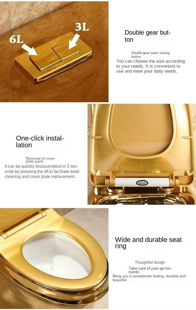 توالت فرنگی دو زمانه مدرن با طراحی روکش طلایی، ارتفاع استاندارد یک تکه با مکانیزم تخلیه بی صدا از جنس سرامیک مناسب برای حمام منزل، A-700x390x750mm