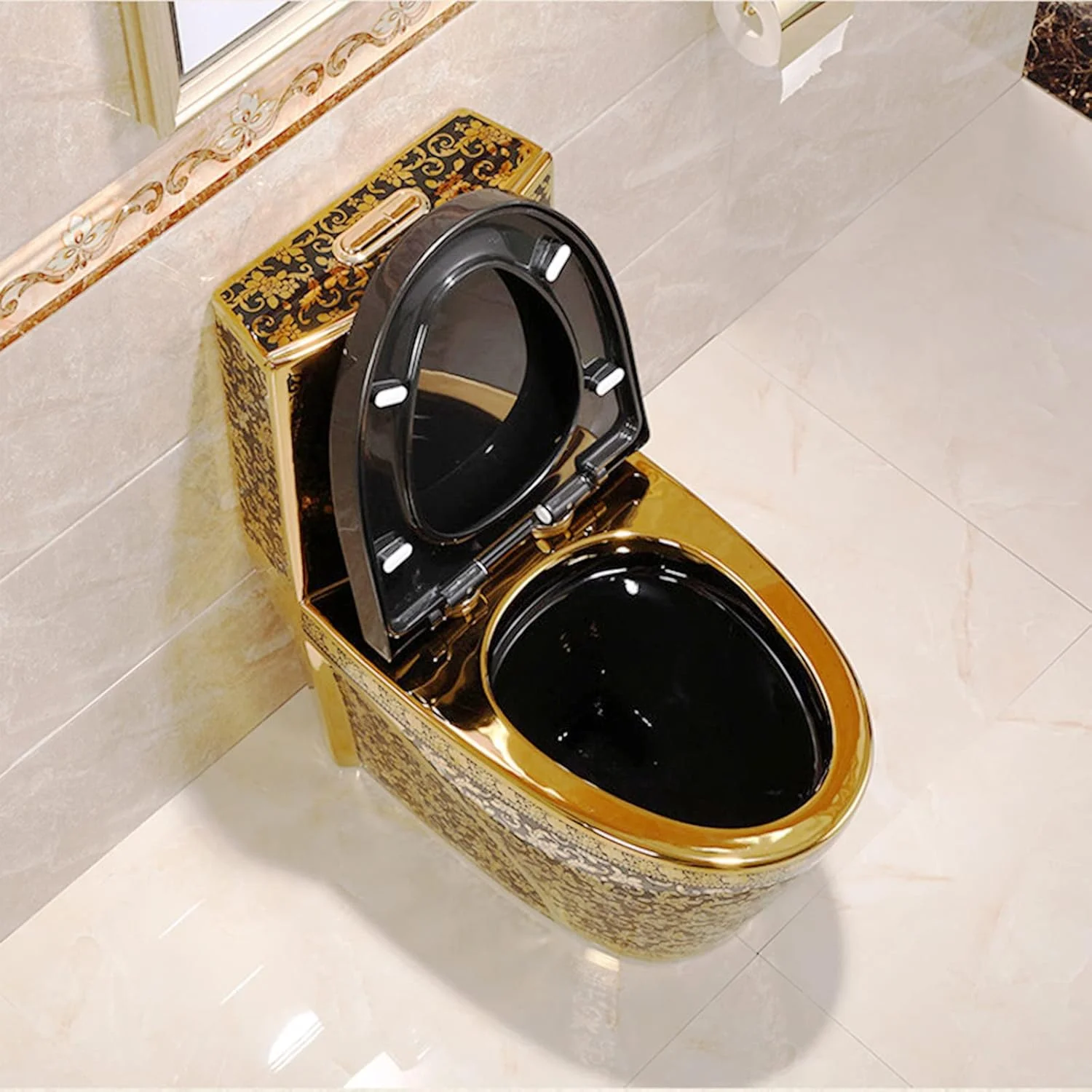 توالت طلایی، توالت فرنگی یک تکه با ارتفاع استاندارد و طراحی بیضی شکل، توالت با سیستم تخلیه دوگانه و صندلی راحت، توالت فشرده 300 میلی متر - 69x78x39 سانتی متر (400 میلی متر 69x78x39 سانتی متر) (300 میلی متر 69x78x39)