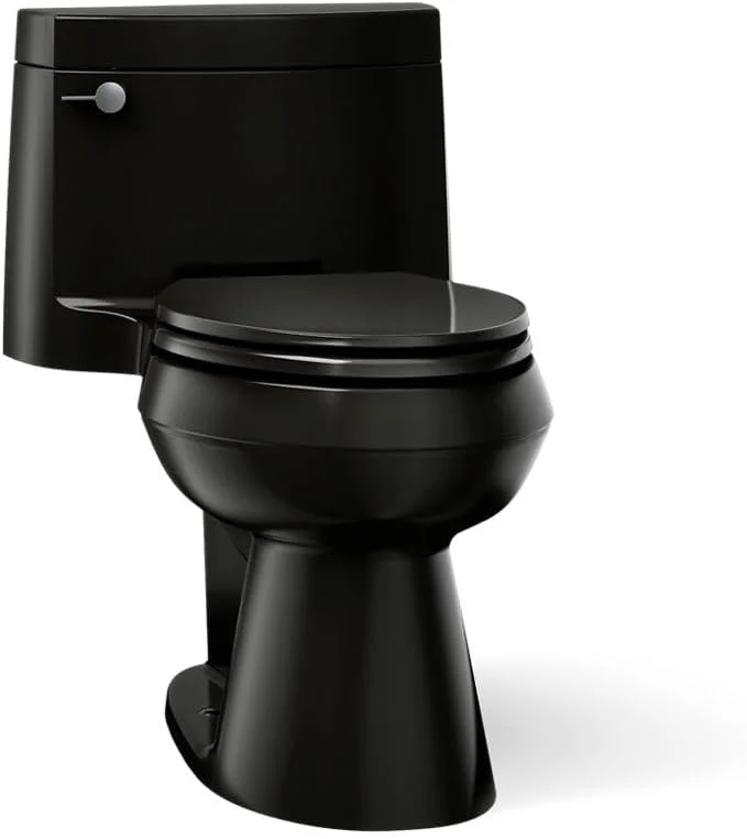 توالت یکپارچه و کشیده با ارتفاع آسایش Kohler Cimarron K-3619-7 با حجم 1.28 گالن در هر فلاش، مجهز به فناوری فلاش AquaPiston، مسیر خروجی پنهان و اهرم تخلیه سمت چپ، مشکی