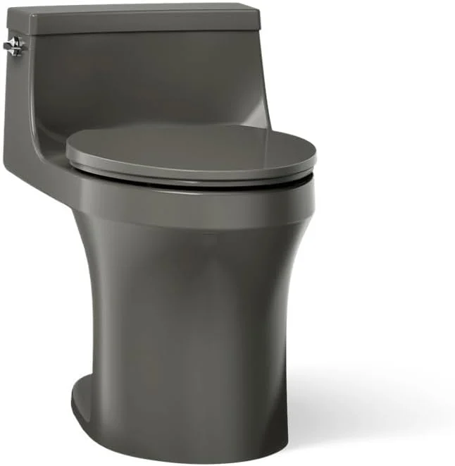 توالت یکپارچه و فشرده با ارتفاع آسایش KOHLER K-5172-58 San Souci با کاسه بیضی شکل و حجم 1.28 گالن در هر فلاش، مجهز به تکنولوژی فلاش Aqua Piston و اهرم تخلیه سمت چپ، مسیر خروجی پنهان، رنگ خاکستری تاندر