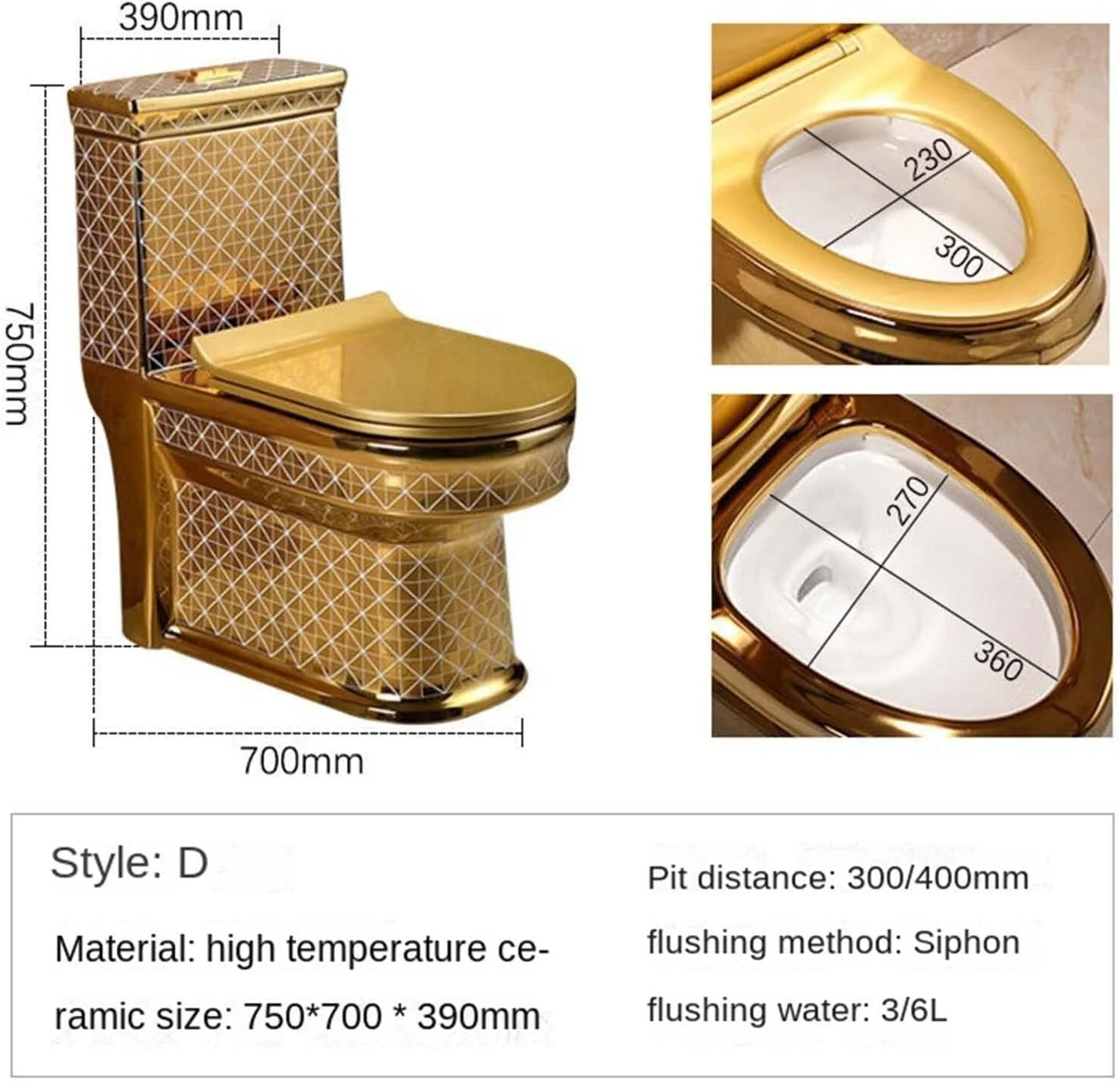 توالت فرنگی سرامیکی طلایی، لوکس، بی صدا، ارتفاع نشیمنگاه راحت، دو زمانه، یک تکه، طراحی اروپایی و ضد بو