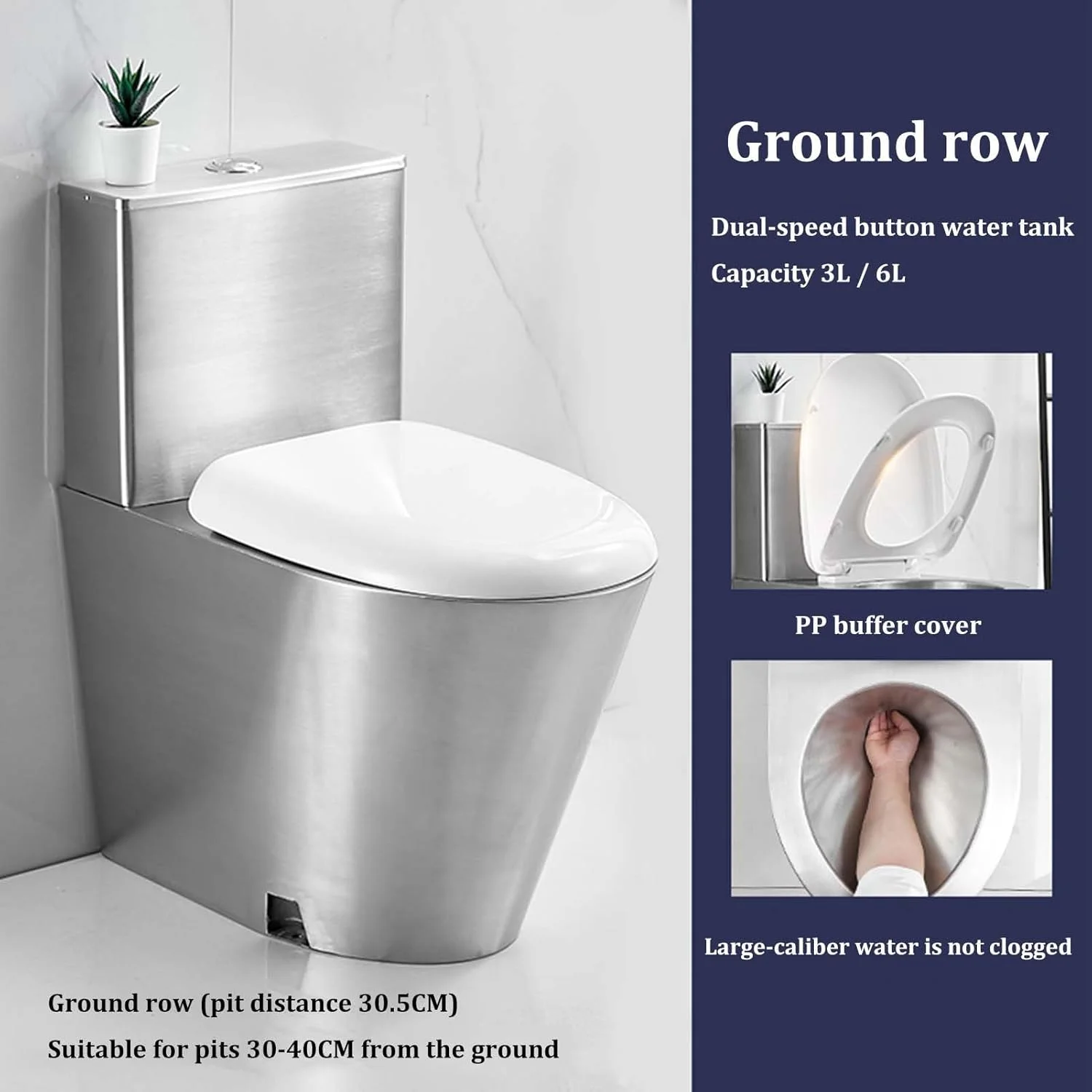 توالت های تجاری استیل ضد زنگ 304، توالت دوسیفونه با راندمان بالا 3L/6L با مخزن آب، توالت یک تکه صرفه جویی در آب، درب PP - تخلیه از کف