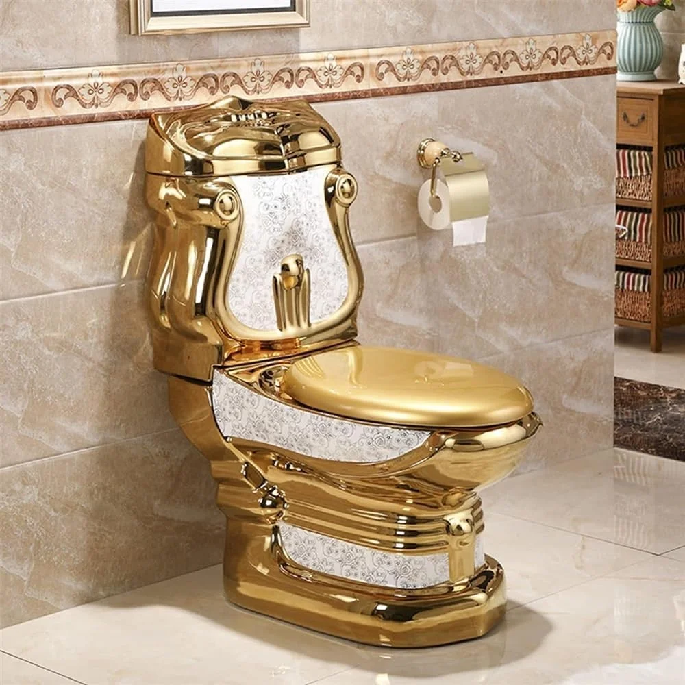 توالت سرامیکی طلایی برای حمام، ارتفاع نشیمنگاه راحت و بی صدا، تخلیه دوگانه، توالت یک تکه، تک رنگ - 74x93x42 سانتی متر