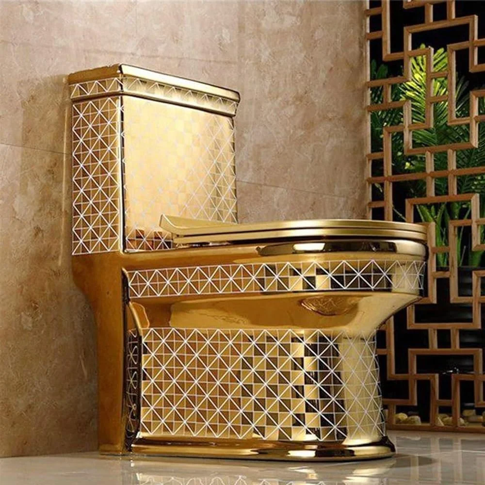 توالت طلایی، توالت یک تکه با نشیمن راحت، توالت های مناسب حمام با ارتفاع استاندارد و طراحی کشیده، توالت مدرن دو زمانه، توالت طلایی، 68x76x38 سانتی متر (305 میلی متر)