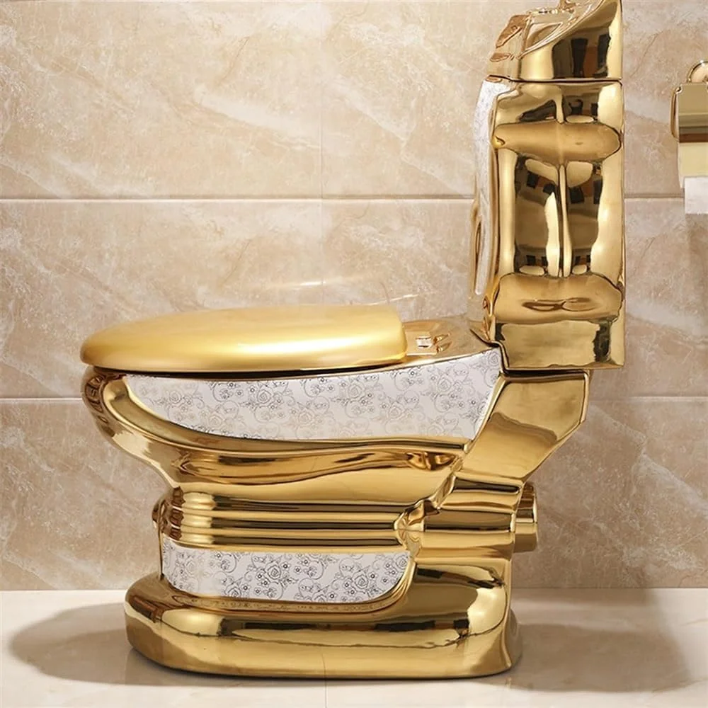 توالت سرامیکی طلایی برای حمام، ارتفاع نشیمنگاه راحت و بی صدا، تخلیه دوگانه، توالت یک تکه، تک رنگ - 74x93x42 سانتی متر