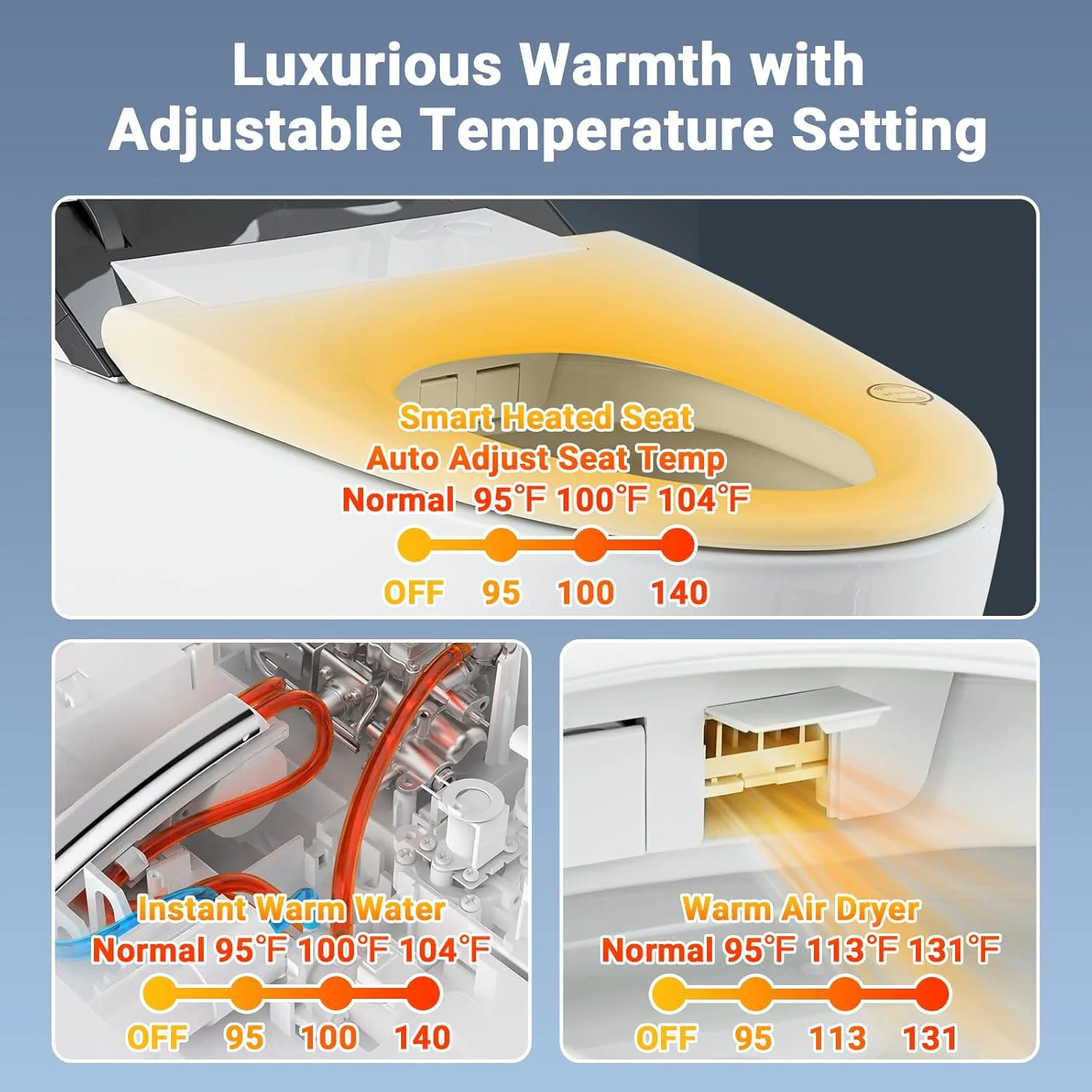 توالت هوشمند Garvee با بیده داخلی، توالت یک تکه بیده دار برای حمام با صندلی گرم شونده، فلاش دوگانه اتوماتیک، عملکرد آب گرم و خشک کن، توالت های بیضی شکل، سنسور پا، نمایشگر LED، چراغ شب
