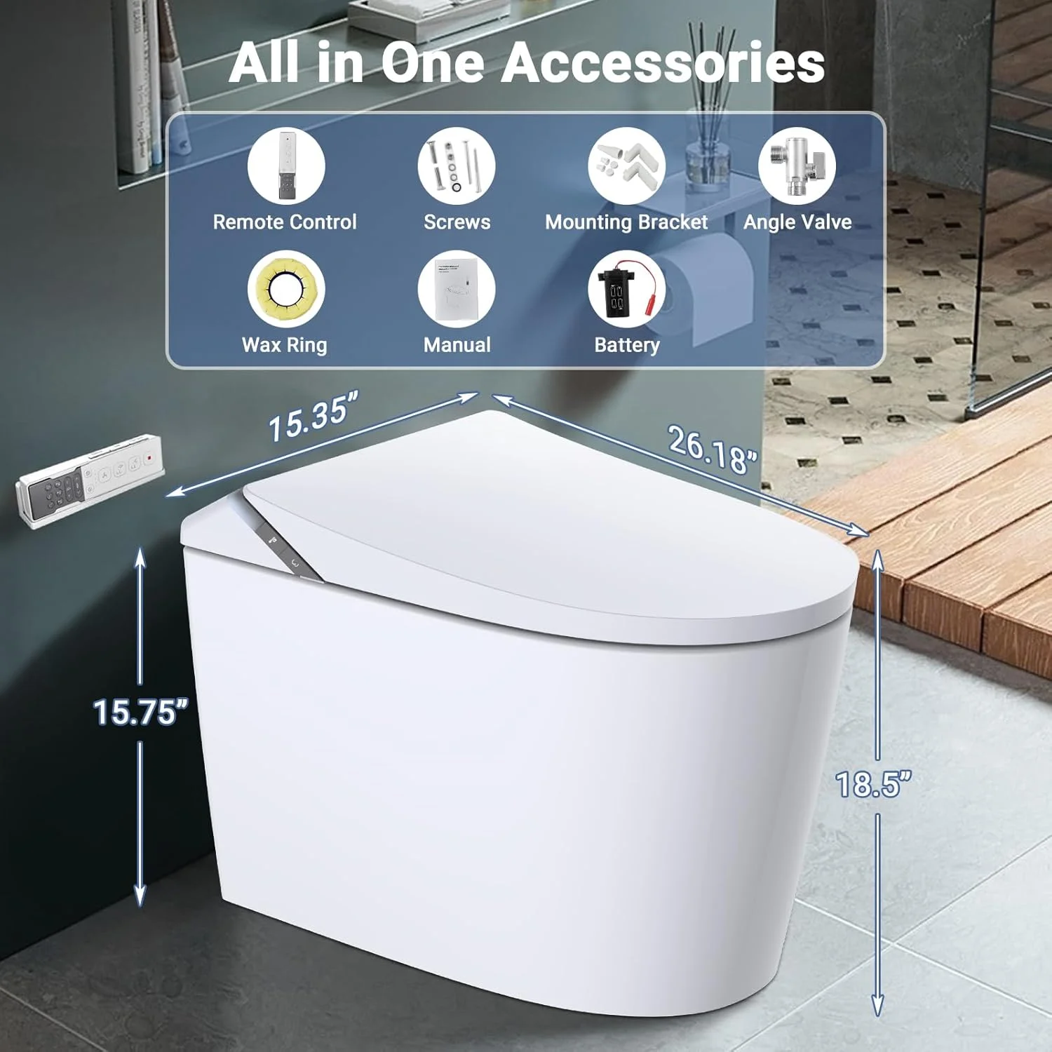 توالت هوشمند Garvee با بیده داخلی، توالت یک تکه بیده دار برای حمام با صندلی گرم شونده، فلاش دوگانه اتوماتیک، عملکرد آب گرم و خشک کن، توالت های بیضی شکل، سنسور پا، نمایشگر LED، چراغ شب