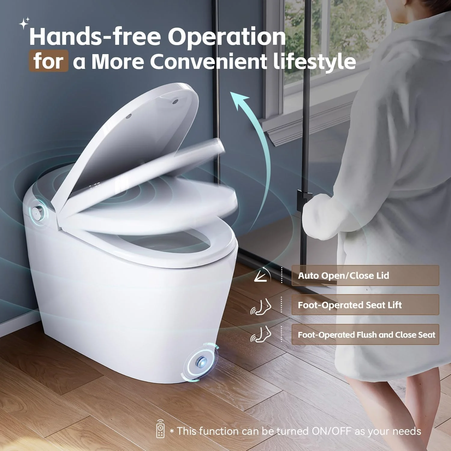 توالت فرنگی هوشمند با درب باز/بسته شدن خودکار، نشیمنگاه گرم‌شونده، آب گرم فوری و خشک‌کن، توالت فرنگی بدون مخزن کشیده با چراغ شب، نمایشگر دیجیتال